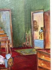 Original VTG Folk Art 1968 Painting Nostalgic Interior Family Gathering Scene