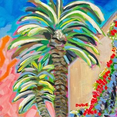 Original Painting Colorful Palm Trees Bougainvillea Western Sunset 12×12 DUBE