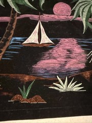 Vintage Black Velvet Painting Beach Ocean Sailboat W/ Palm Trees 25.5″ x 19.5″