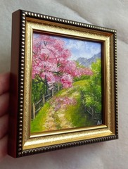 Original Oil Painting Spring Landscape with Sakura Village Road 4 x 4 in