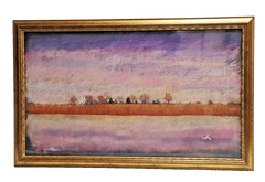 Signed Pastel Fall Panoramic Landscape Painting w/ Farmhouse In Field 34X22