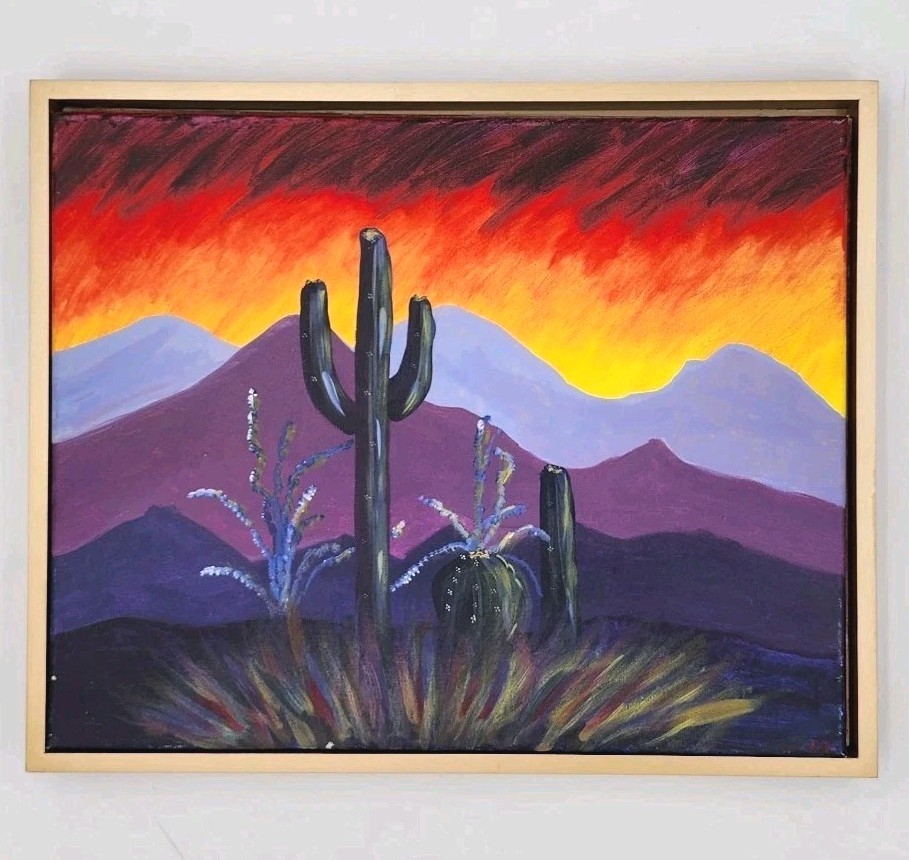 Original Arizona Desert Sunset Painting 16×20 Framed Saguaro Cactus Southwest