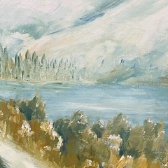 Oil Painting Wyoming Spring forest Lake mountains snow Signed Denninger 1966 Vtg