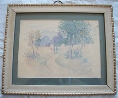 ANTIQUE 1918 HOMESTEAD LANDSCAPE WATERCOLOR PAINTING ART RUSSIA WOOD FRAME