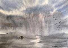 LONELY FISHERMAN BOAT SKY Original Art Painting Landscape Seascape Signed GiftA5