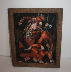 Vintage Carved Wood Framed Bullfighter Matador Bull Painting on Velvet 13.25X16