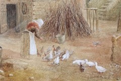William Wells Quatremain 1896 Antique English Watercolor Painting Woman Chickens