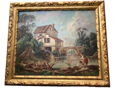 18th Century ANTIQUE Oil Painting Francois BOUCHER Figures Watermill GILT FRAME