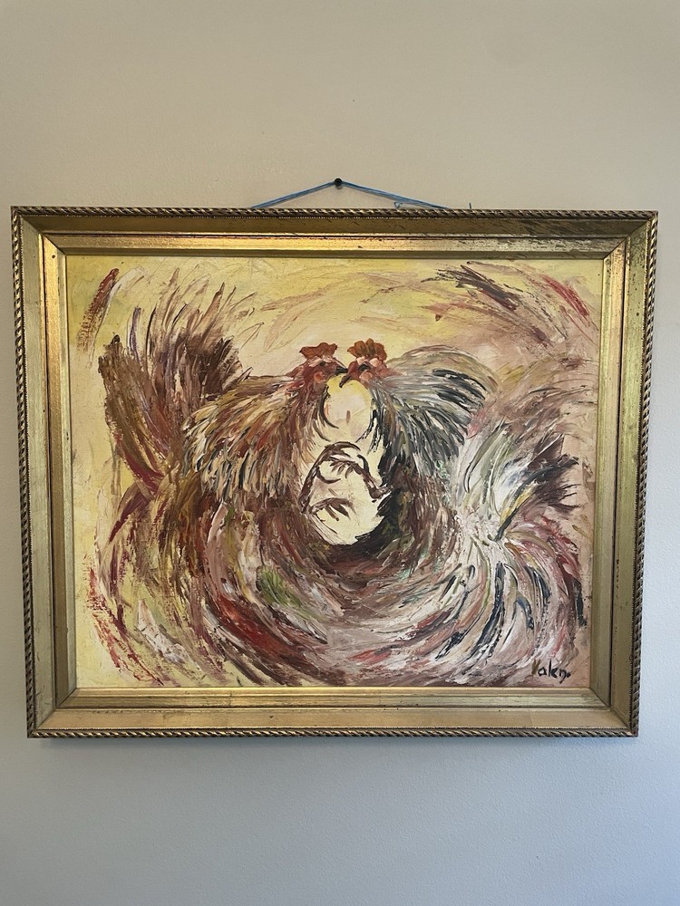 Vintage Kissing/Fighting Roosters Oil On Canvas 60s Spain Framed Art Signed mcm