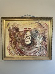 Vintage Kissing/Fighting Roosters Oil On Canvas 60s Spain Framed Art Signed mcm