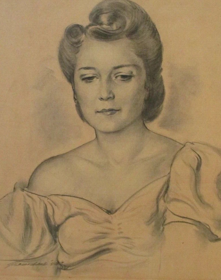 ANTIQUE DRAWING JULES RAUSCHERT AMERICAN MASTERFUL PORTRAIT PRETTY WOMAN 1930’S