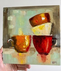 Vintage Cups Oil Painting Original Abstract Still Life Canvas Kitchen Art Decor