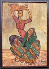 1970s ORIGINAL SEAH KIM JOO Silk Batik Framed Art Painting ‚Two Women at Market‘