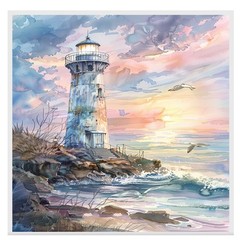 Rustic Lighthouse on Rocky Shore at Sunset with Crashing Waves and Seagulls Art