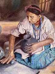Guatemalan Folk Art Oil Painting Women Maya Pottery Making De Leon Campos 1980