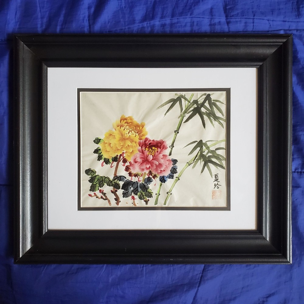 Vtg 15×18″ OOAK Fine Art Signed Watercolor Floral Architectural Frame Double Mat