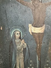 19th Century Retablo Antique Mexican Oil on Tin Painting Crucifixion of Christ