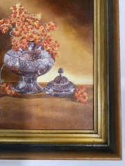 Original Oil Painting Still Life Wooden Frame Berries And Silver Urn