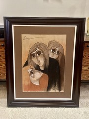 Vintage Charcoal Portrait Mid Century Modern Framed Art, Tomás 40.5” x 33.5”