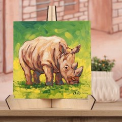 Hand-Painted Rhino Artwork Original Animal Oil Painting Wildlife Wall Art Signed