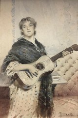 GUITAR WOMAN Antique Framed ~ BEAUTIFUL WATERCOLOR ~1880s Italian LISTED ARTIST
