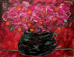 Original 11×14″ pink orange flowers floral in pot vase painting by Lynne Kohler