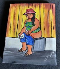 Signed Velasquez-Folk Art Canvas Painting – Women Sitting In Bathroom 5×6 Inches