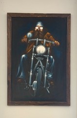 Vintage Black Velvet Biker Oil Painting With Wood Frame Rustic Motorcycle Decor