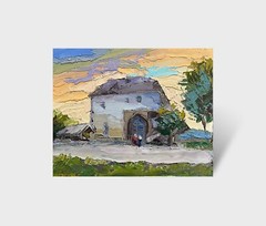Oil painting Stone tower Ostroh Castle Ukrainian painter Canvas original art