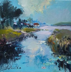 Original oil painting 8″x8″ Impressionism Landscape Water Sky