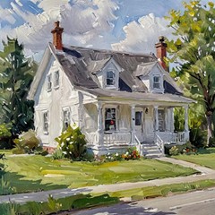 ACEO Art Card White Cottage with a gabled roof in the Early Spring