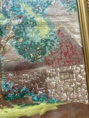 Vintage Hand Painted Fabric Folk Art Village Landscape Glitter Framed 23×19