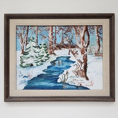 Vintage Winter Landscape Oil Painting Signed JR Birch Stream Forest Framed 20×16
