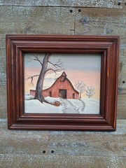 BARN PAINTING 8 X 10 -AMERICANA WINTER SCENE (WITH FRAME 14″ X 12″)