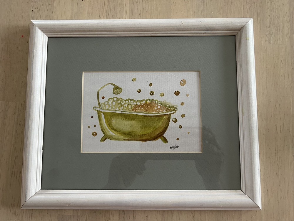 Orig Watercolor Bathroom Art Painting Bathtub Bubbles OOAK Framed