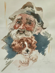 Original Signed ALICE HUERTAS Watercolor Painting (Old Man & Dog) Paris Artist
