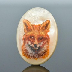 Original Hand Painted Fox Mother-of-Pearl Shell Cabochon Miniature Art 25x18mm