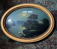Canvas Landscape Water Night Scene Mount Under Concave Glass Antique Frame READ
