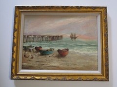 ANTIQUE OIL PAINTING BEACH PIER FISHERMAN NAUTICAL SHIP BOAT COASTAL LANDSCAPE