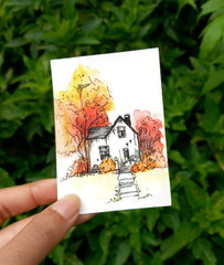 Original ACEO Watercolor Painting OOAK Autumn Cottage House Landscape Fall Art