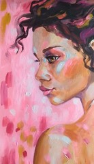 Acrylic original painting on panel with brunette woman portrait on the pink back