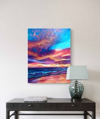 Original Acrylic Vibrant Dramatic Sunset Ocean Waves 20×16 Canvas