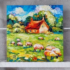 original oil painting Irish Cottage Sheep Landscape Impasto wall art 8*8 inch