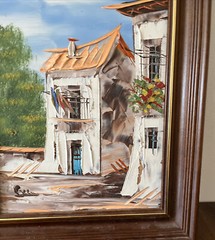 Painting of European Homes signed Ecco framed bright Art On Cork board 8 By 10