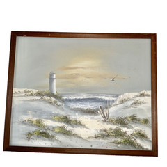 Oil painting hand painted original 80s beach lighthouse by Morgan sand dunes
