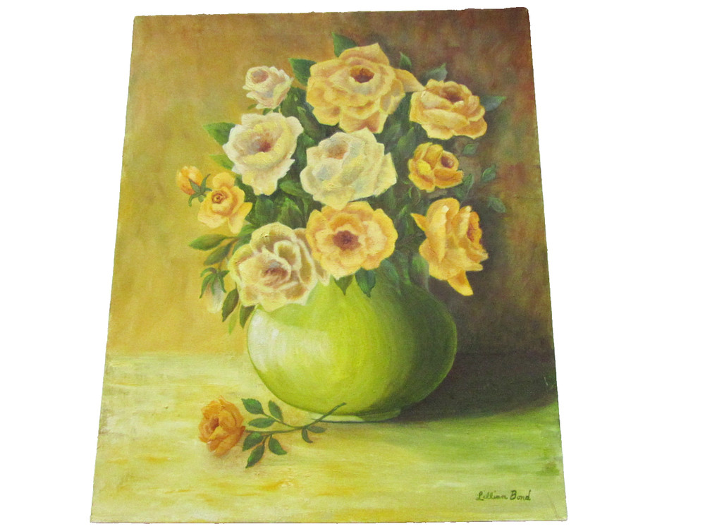 Vintage Yellow flower ROSES original oil painting by BOND large