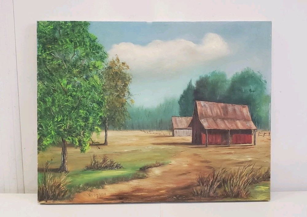 Rustic Barn Scene Oil Painting Art Farm Country Farmhouse Landscape Tree Hodgson