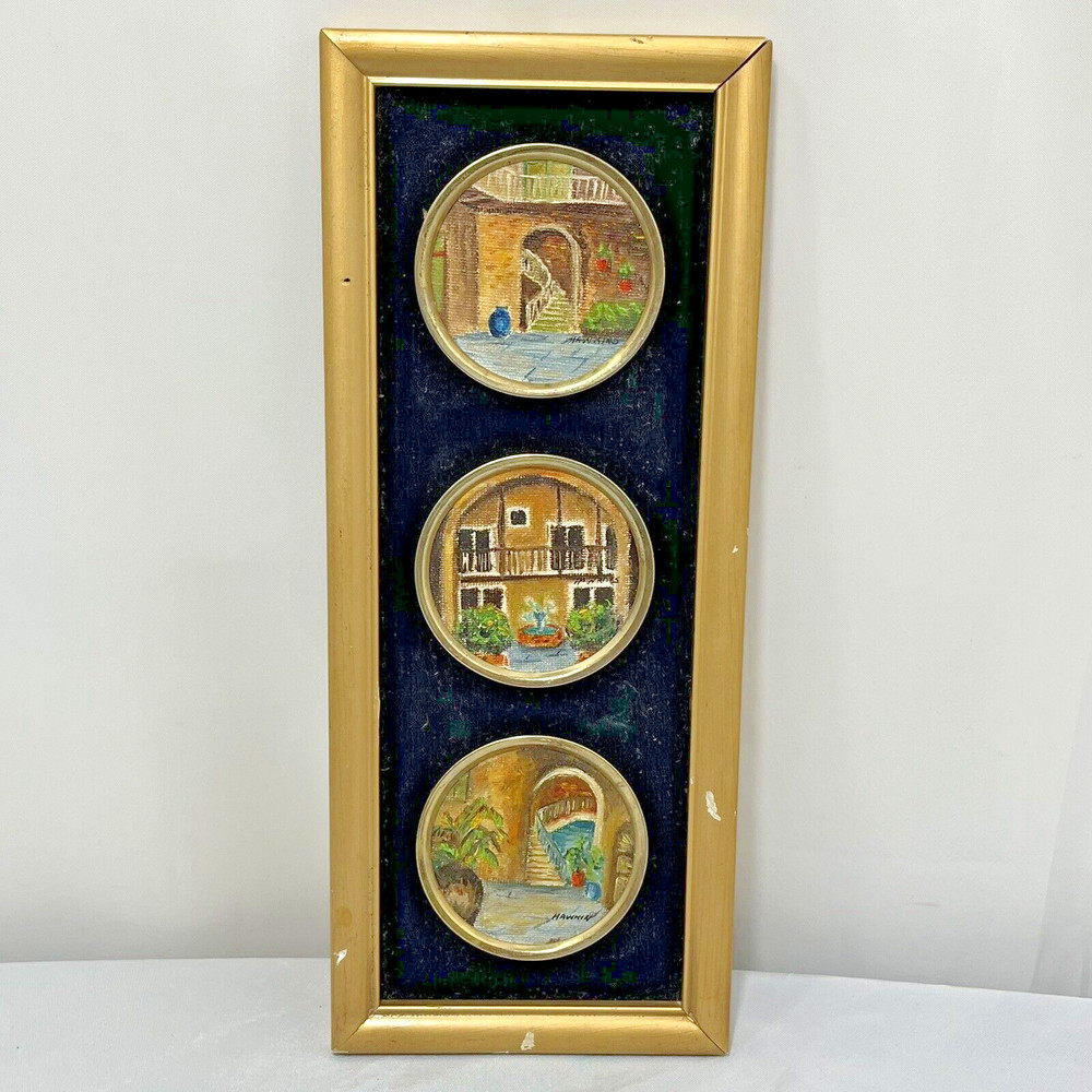 3 Miniature Round Painted New Orleans Courtyard Scenes Signed Hawkins Framed