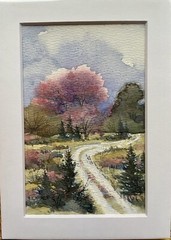 4X6” Matted To 5”x7” Pamela Wilhelm Original Watercolor Pink Tree Pines Road
