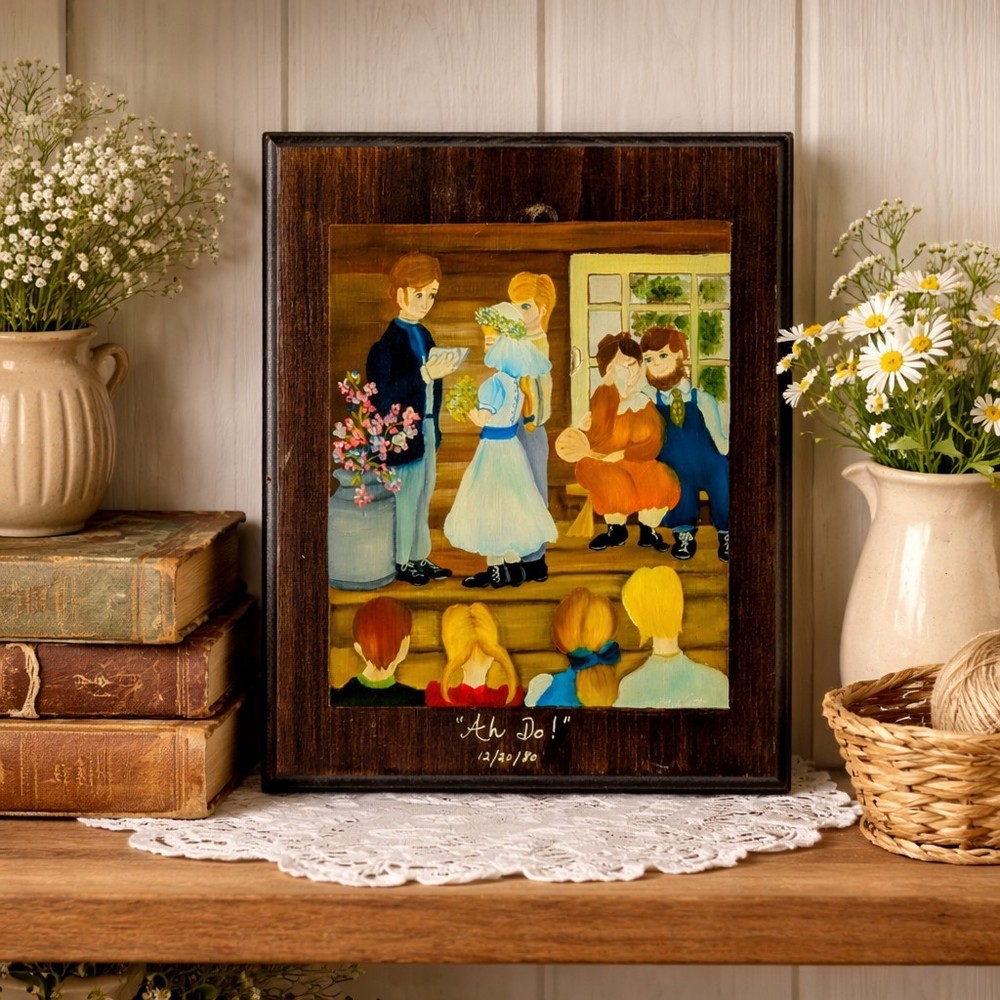 Whimsical VTG Folk Art Original Oil on Wood Wedding Painting Signed By Artist